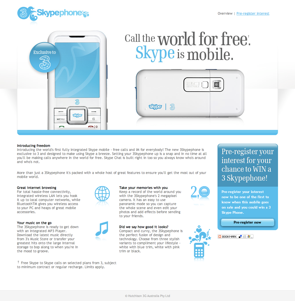 Hutchison 3G Australia homepage announcing the 3 Skypephone
