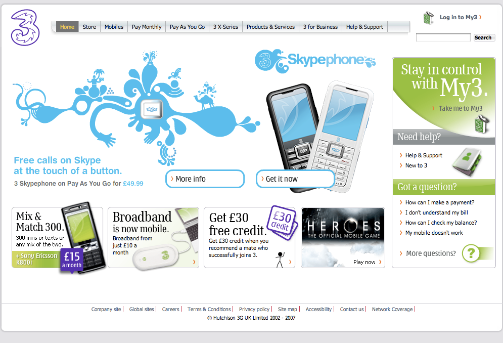 3 UK homepage announcing the 3 Skypephone