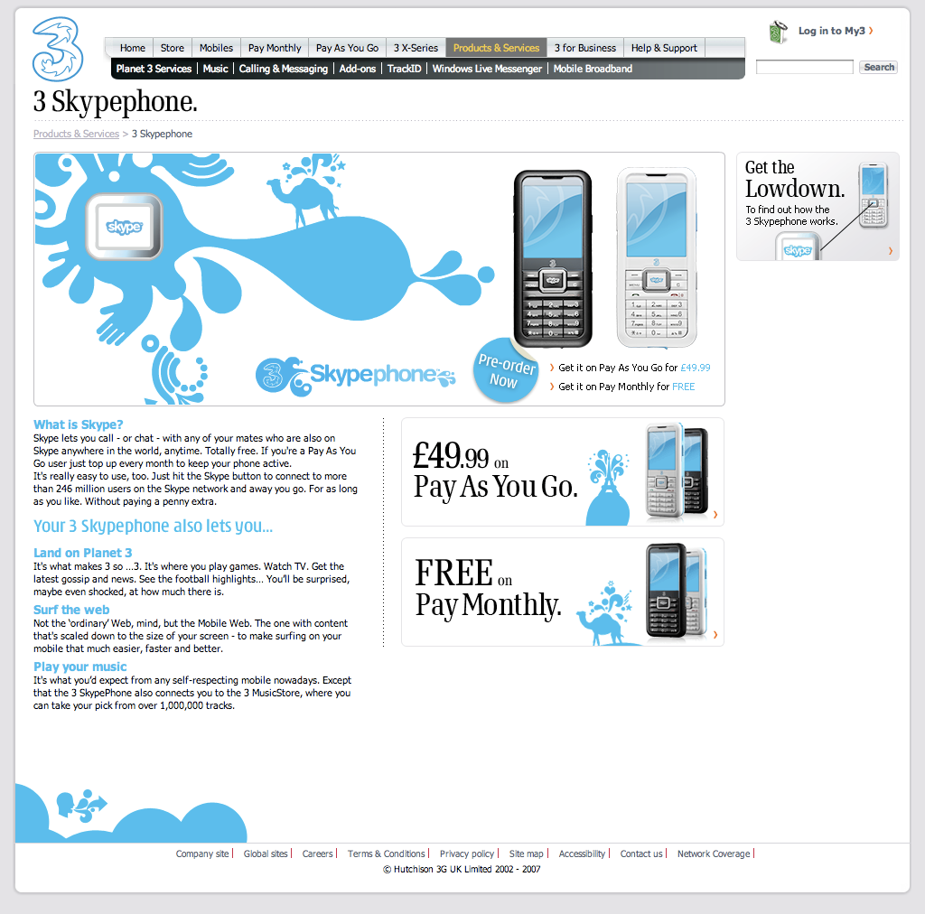 Featured article on the 3 Skypephone in the UK