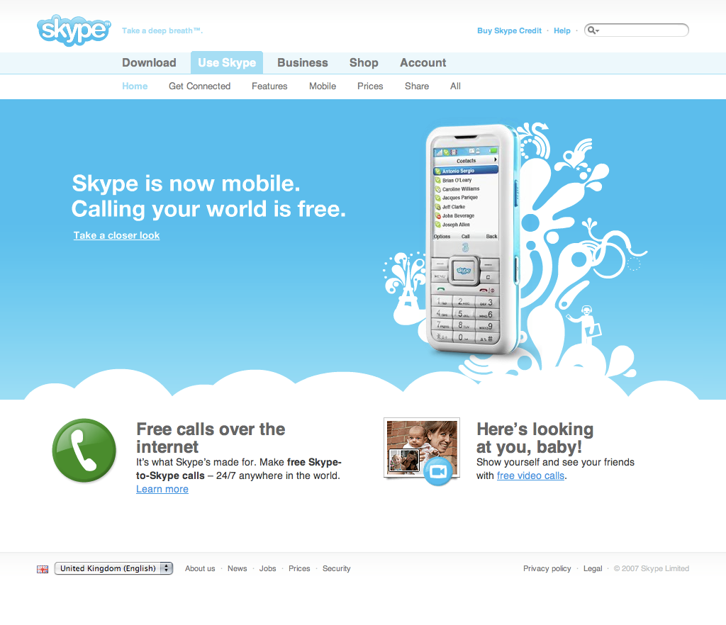 Skype.com homepage announcing the 3 Skypephone