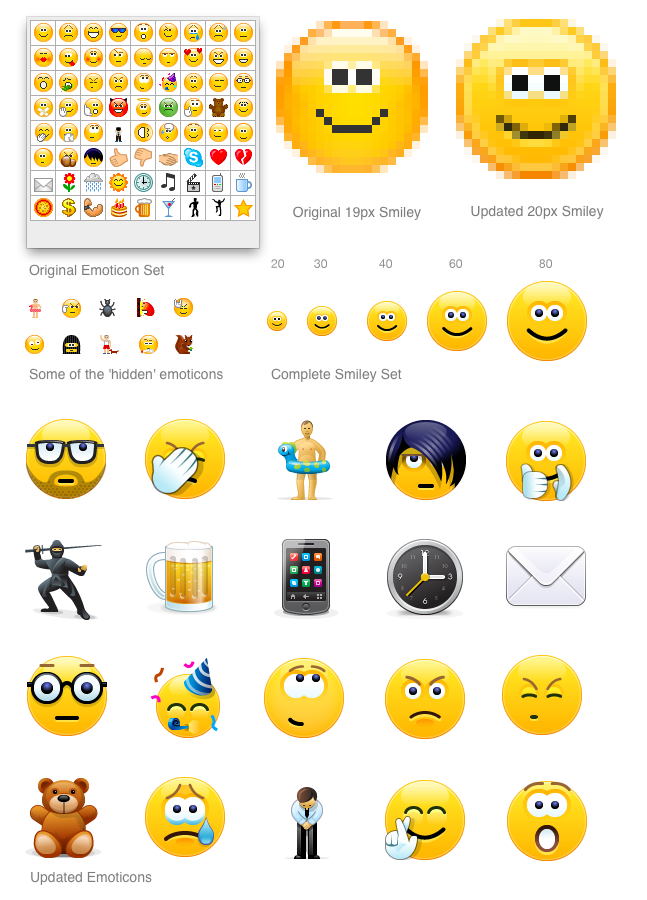 Comparison of original Skype emoticons (left) versus updated high-DPI versions (right)