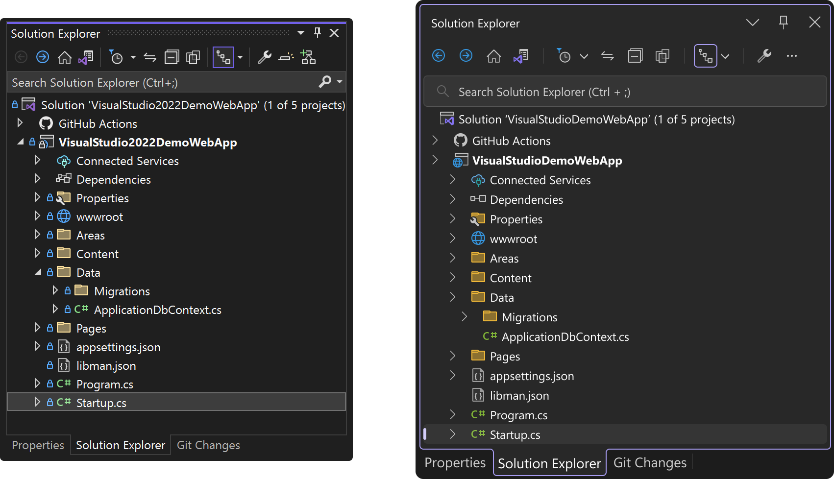 Comparison of the old and new solution explorer in Visual Studio