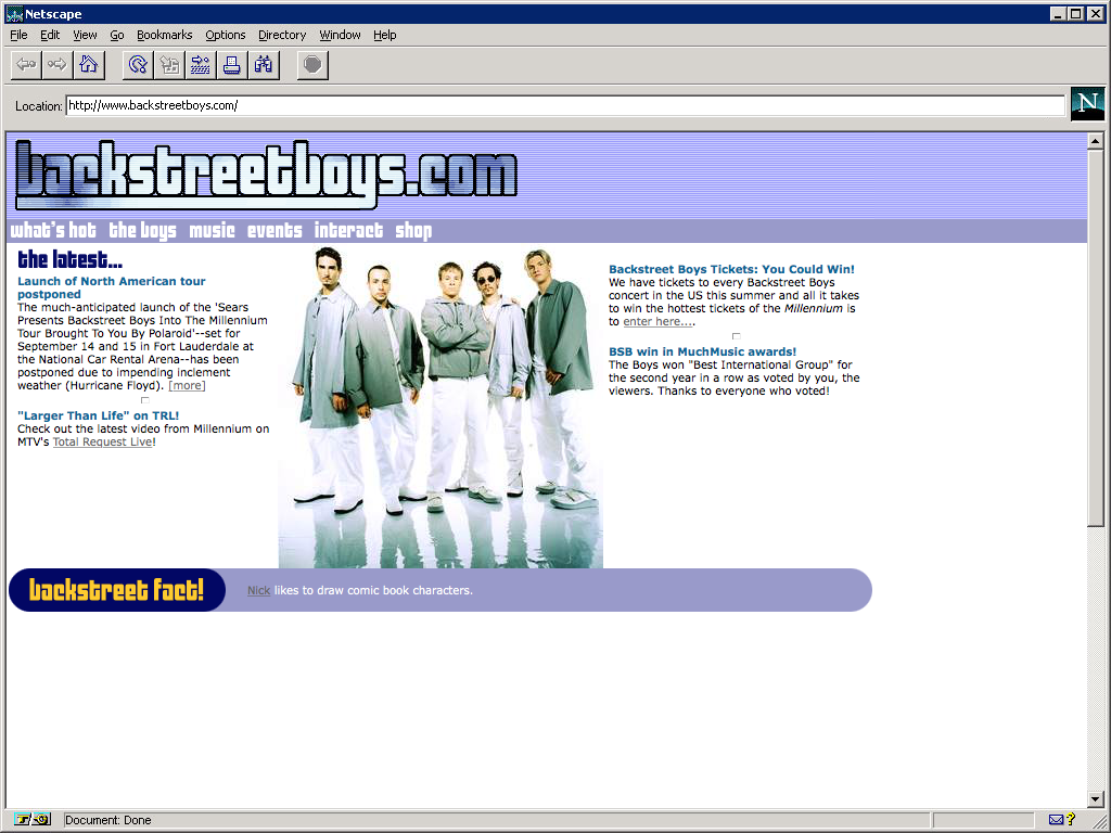Home page of the Backstreet Boys website in late 1999