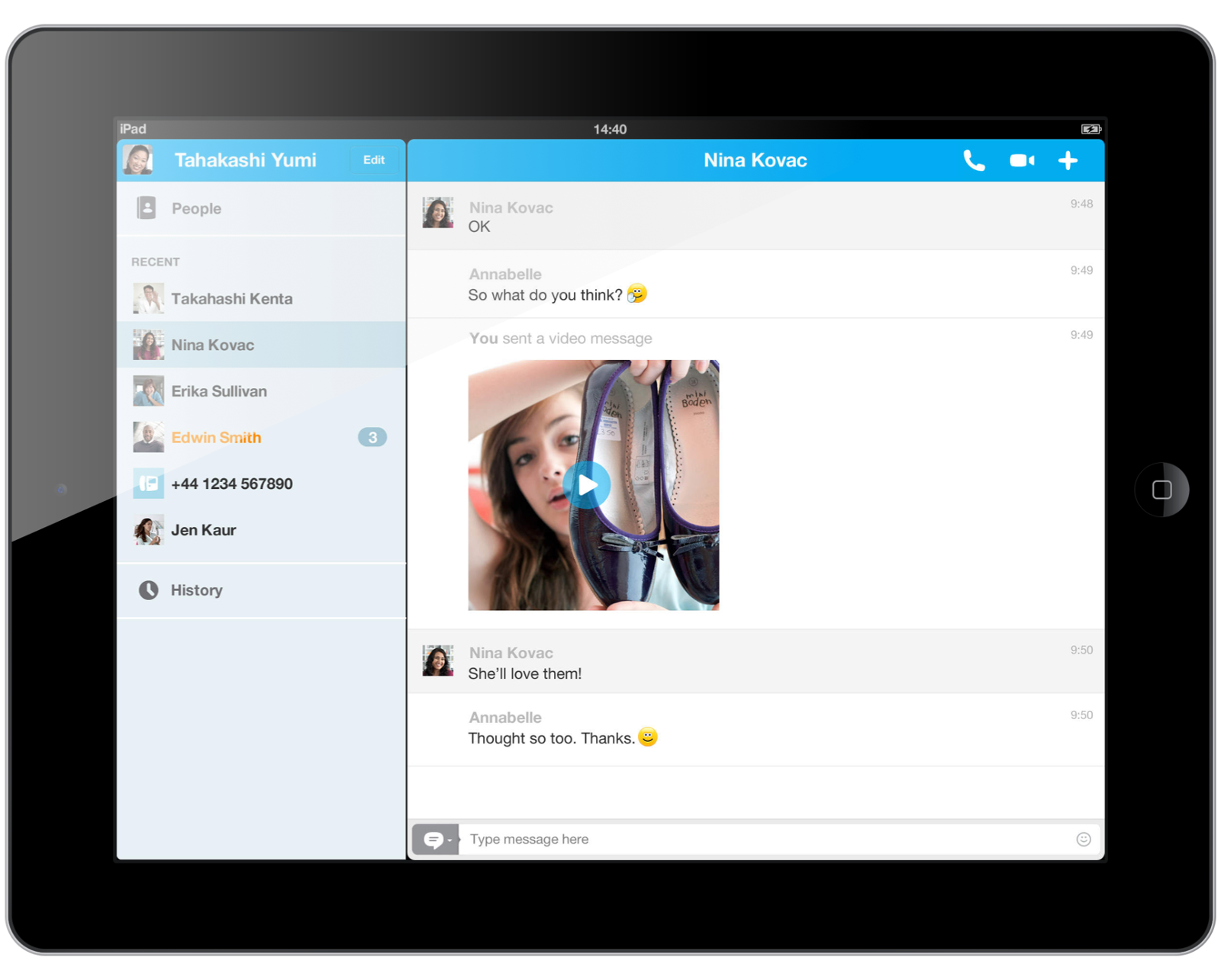 Chat view in Skype for iPad