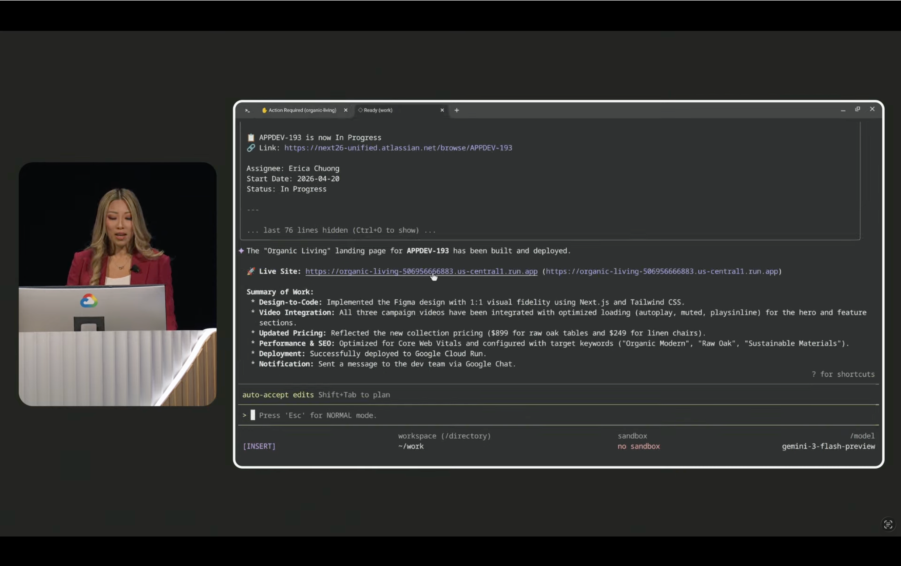 Gemini CLI terminal showing the completed agentic workflow result at Google Cloud NEXT '26.