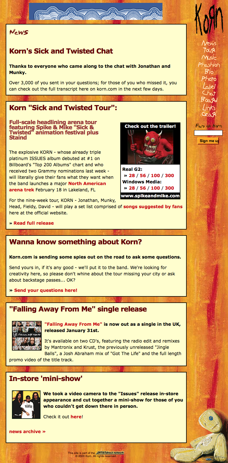 korn.com homepage for the 'Issues' release in 1999