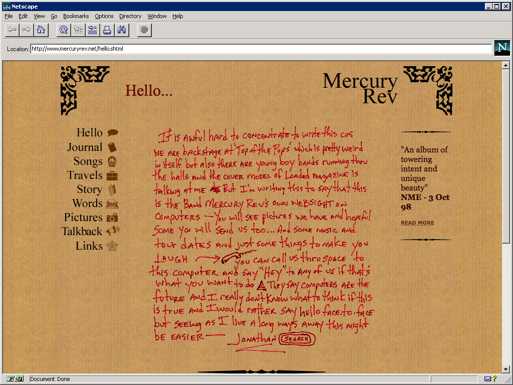 A hand-written introduction to the 'websight' by vocalist, Jonathan Donahue.