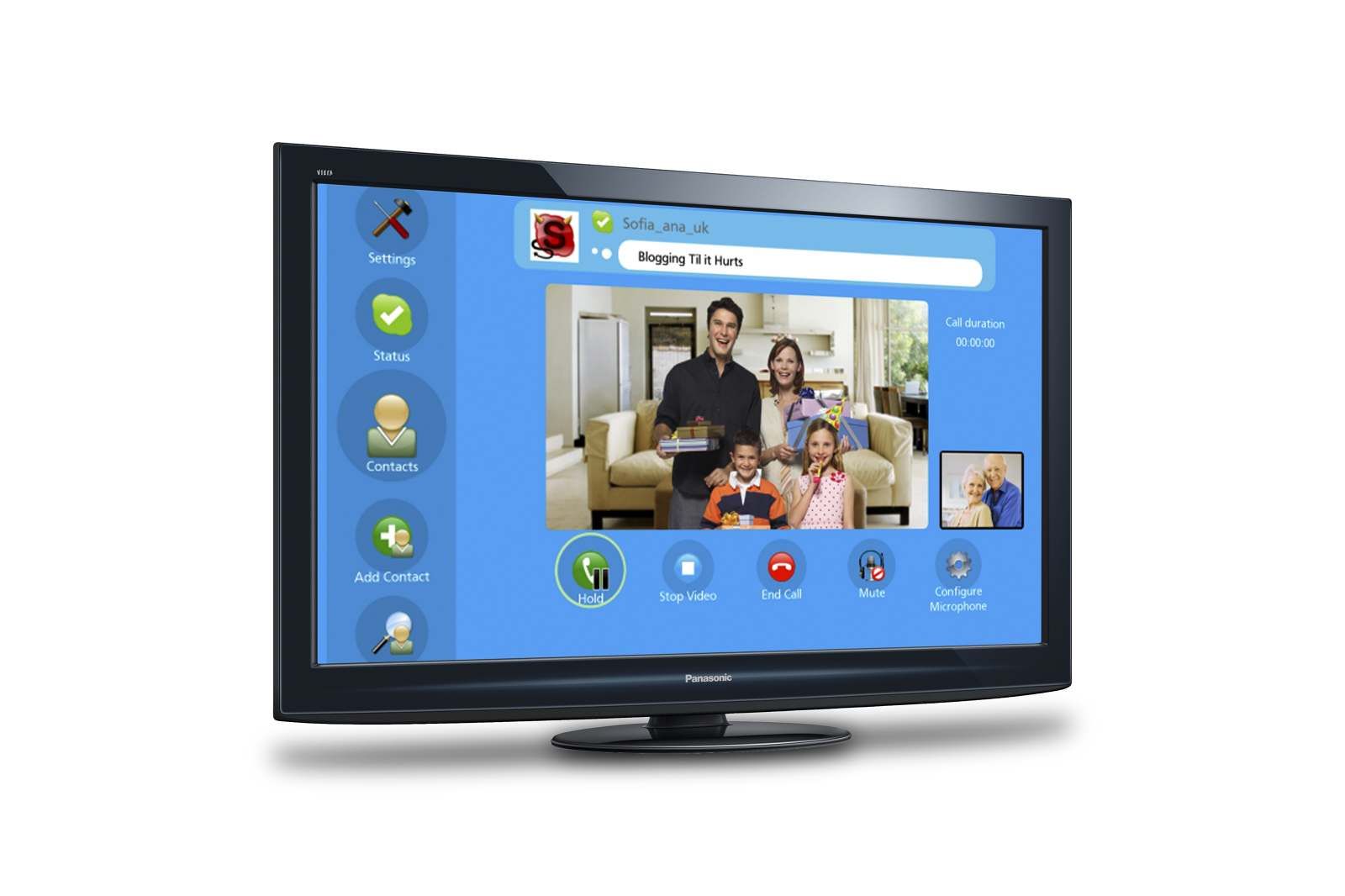 Marketing asset from Panasonic, featuring Skype video calling on a VIERA TV