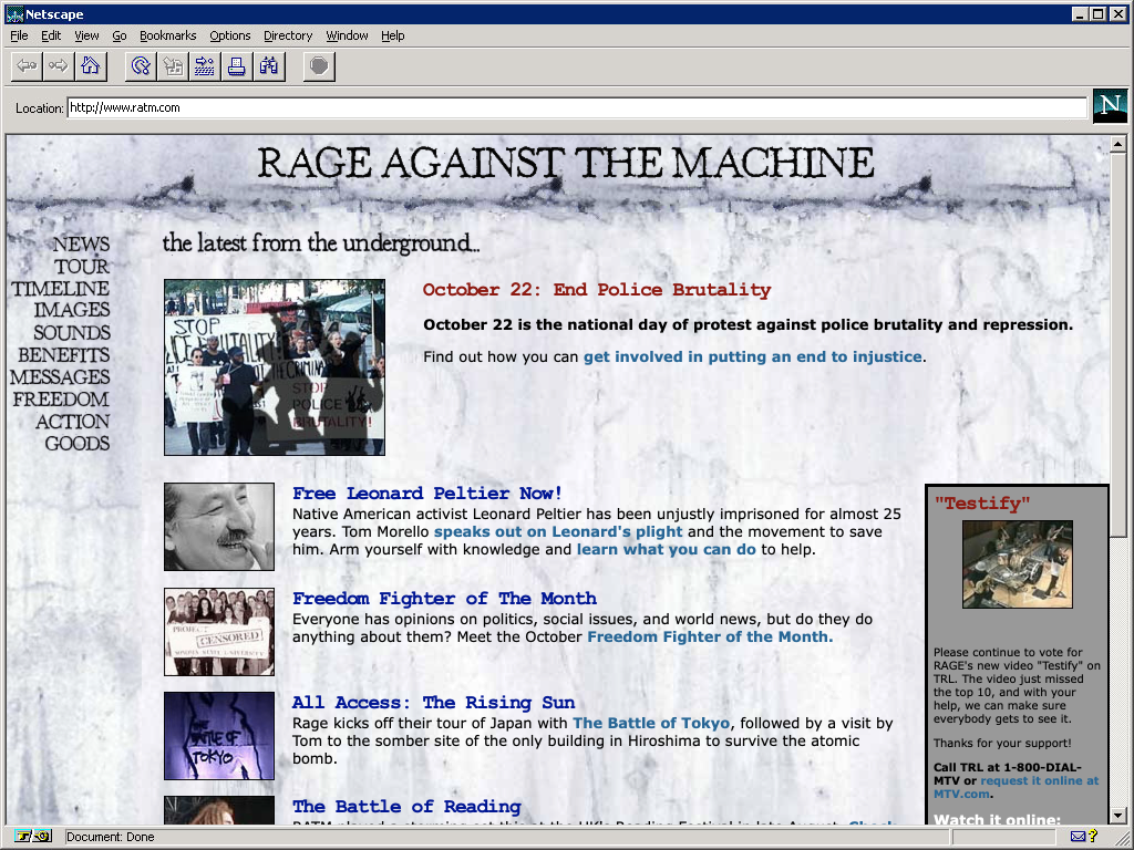 RATM homepage highlighting political and activism causes