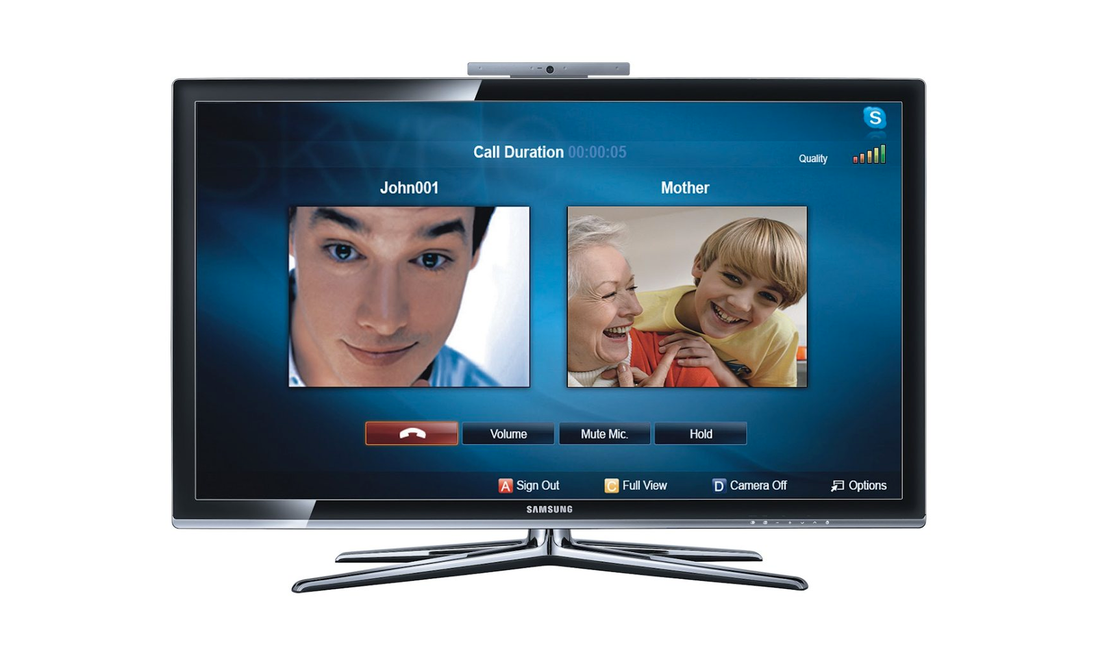 Samsung LED 9000 promotional image showing Skype video call in progress