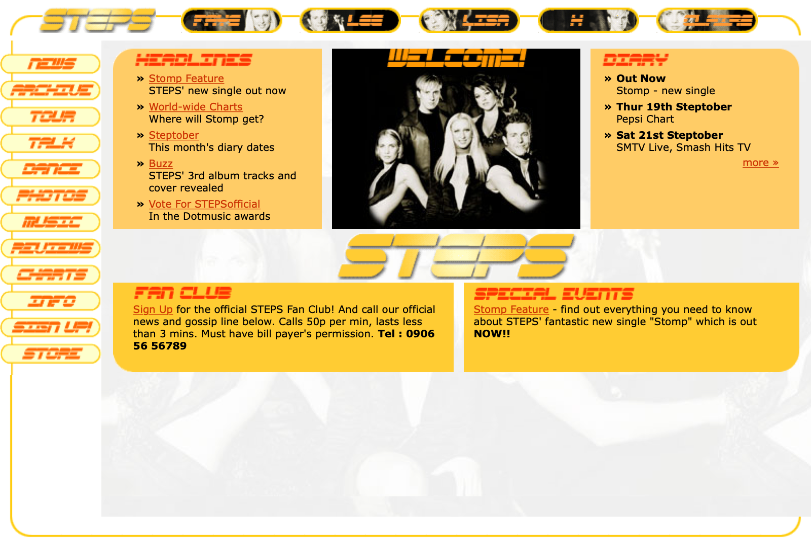 STEPS homepage showing upcoming TV appearances and news headlines