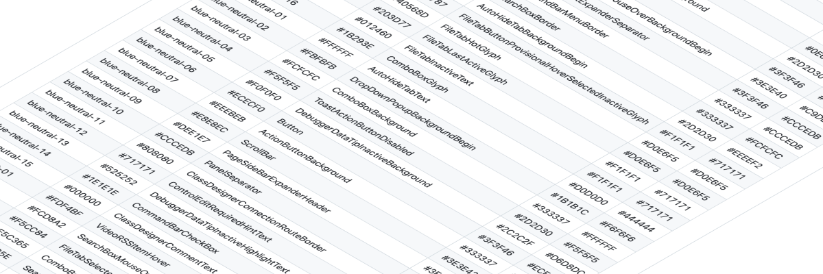 First pass at enumerating the Visual Studio theme tokens across dark and light modes